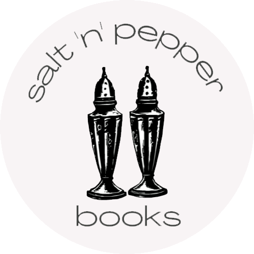 A black and white salt and pepper shaker stand shoulder to shoulder in a circle logo labeled text salt 'n' pepper books