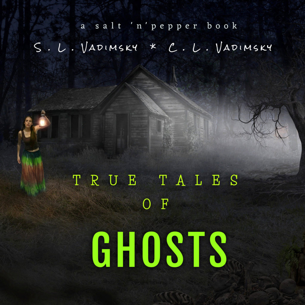 cabin in dark night, young woman holds lantern, scary tree