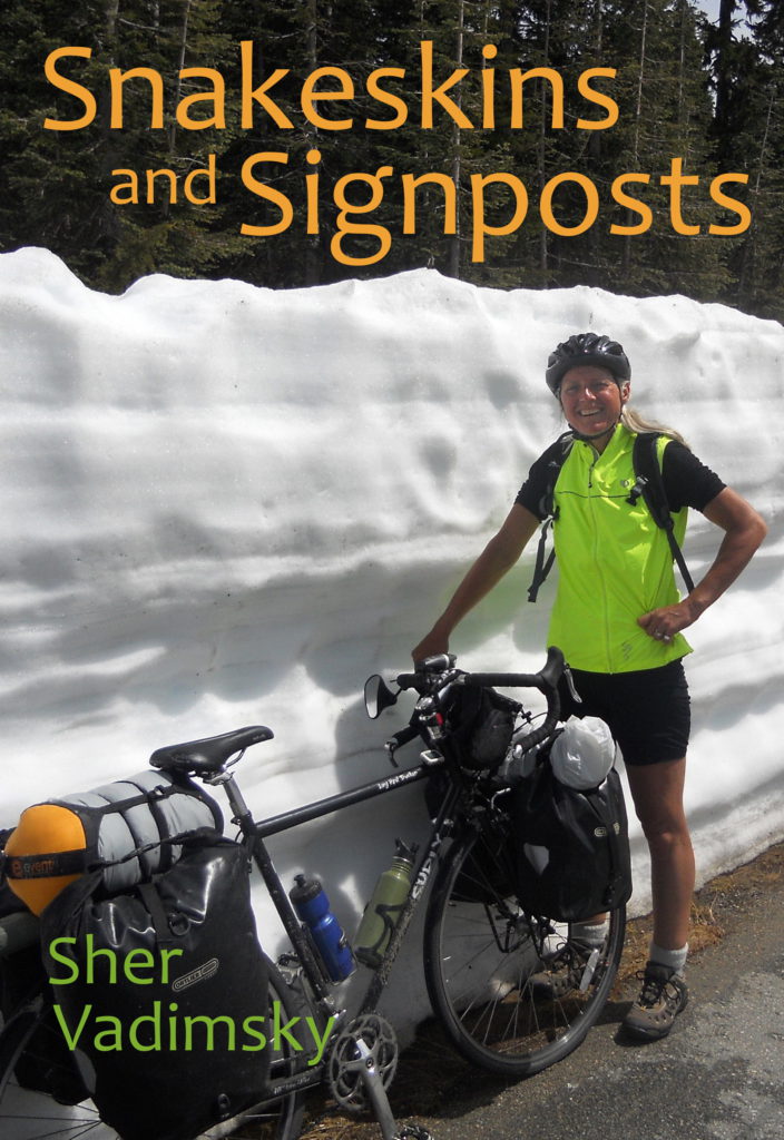 bicyclist wearing neon green vest, black short sleeve shirt and shorts, helmet, stands with one hand on hip and one hand on bicycle loaded with packs standing against a snow bank taller than the rider, on a road with trees on a hillside behind it