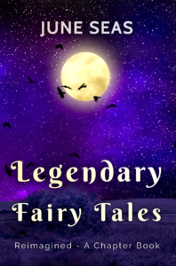 book cover Legendary Fairy Tales, dark blue, purple shadows, open fields at night, full moon and geese flying past in the stars