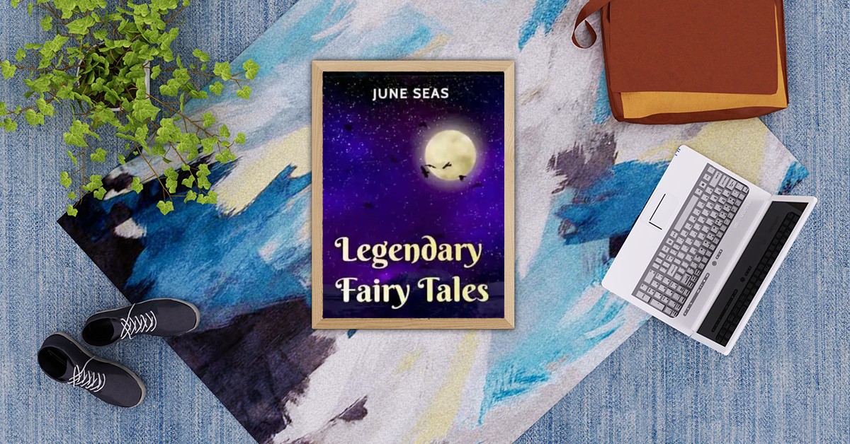 blue textured floor on which are black sneakers, watercolor artwork in blues and sand colors, a green plant, a brown book satchel, a laptop, and a framed book cover of full moon, flying geese and stars in night sky