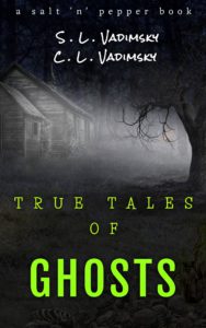 book cover, True Tales of Ghosts, dark night, black trees, white mist over a cabin