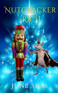 book cover, Nutcracker Rich, a brightly covered nutcracker stands next to a mouse king with a sword, in front of a blue tree sparkling with white light