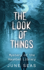 book cover, The Look of Things, blue mist night background, full moon, dark trees, looming castle, a girl on the road with a backpack approaches the castle 