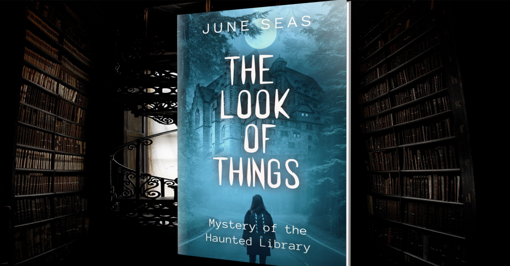 a dark library with shelves of books climbing on right and left on either side of a glowing white window before which circles a black wrought iron staircase and in front, a blue misty book cover The Look of Things, Mystery of the Haunted Library