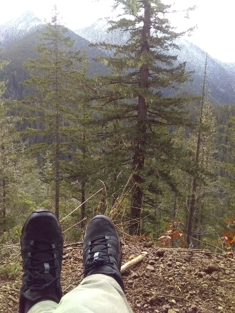 feet crossed, wearing hiking boots, background tall evergreens and mountains