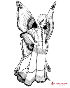 A fairy with two long braids, a long dress and butterfly wings