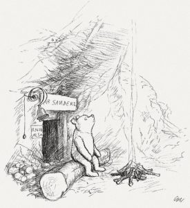 Winnie the Pooh Bear sits on a log looking up at the smoke rising from a campfire, in front of his door in a tree, with the sign Mr. Sanders and Ring Also by a doorbell