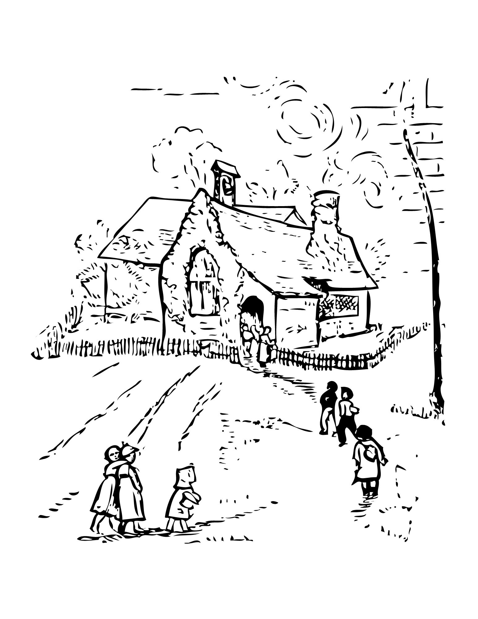 a home or schoolhouse in the country with woman at door greeting children walking toward it