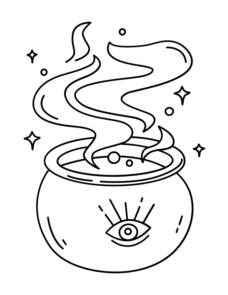 a cauldron steams, with stars and bubbles, an eye on the side of it