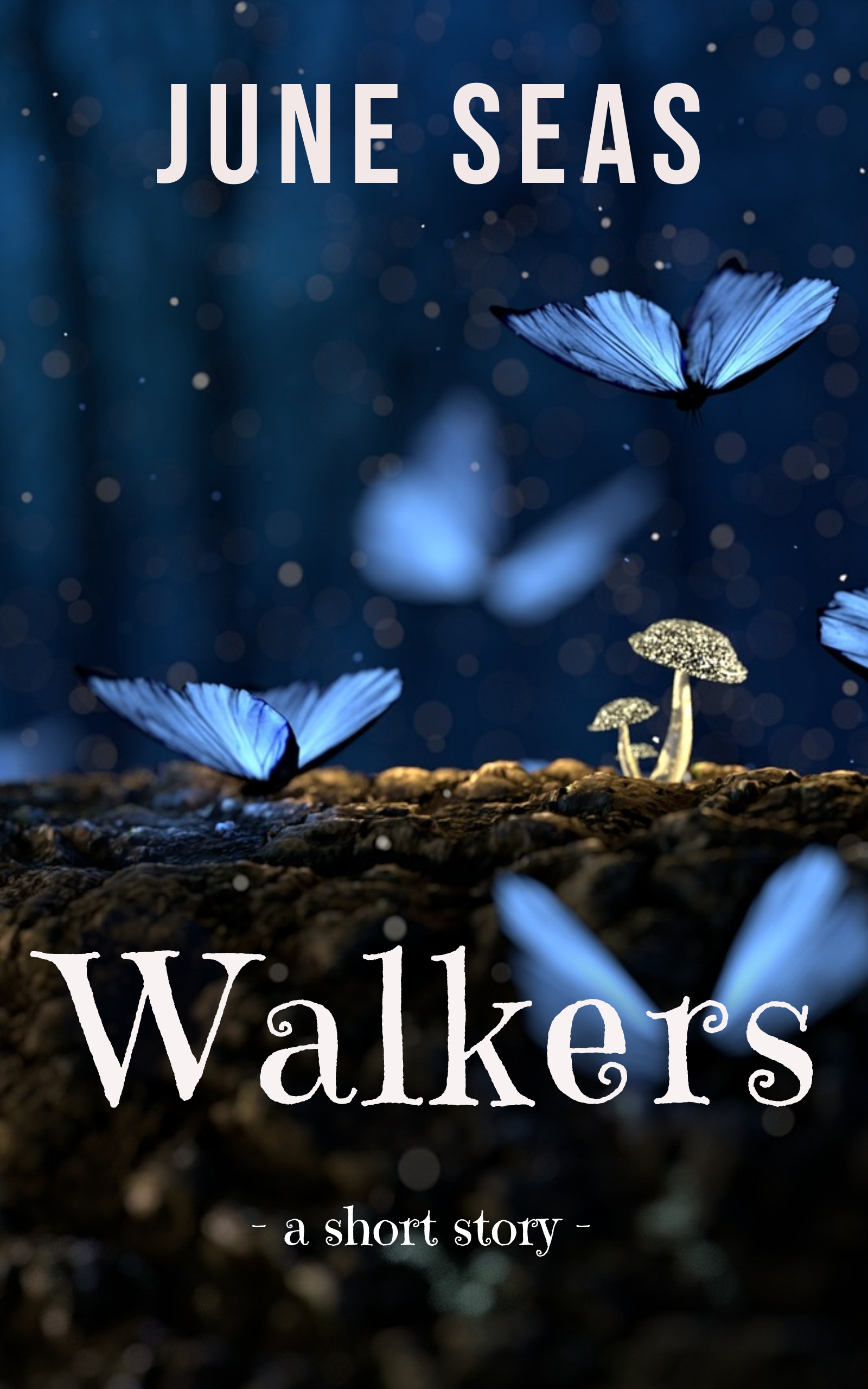 Blue butterflies alight on or take wing from a dark brown dirt and stones ground, with two white mushrooms springing from it, against the background of a dark blue night with rain or snow