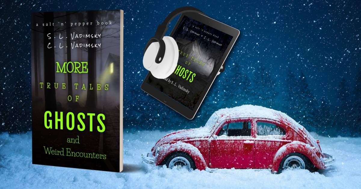 a red VW car on a dark and snowy night meets a giant book and a tablet with headphones, text on book cover is More True Tales of Ghosts and Weird Encounters