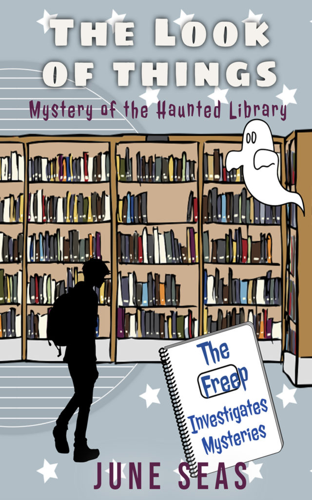 book cover, a teen in silhouette carrying a backpack enters a bookshelf filled room, with a ghost